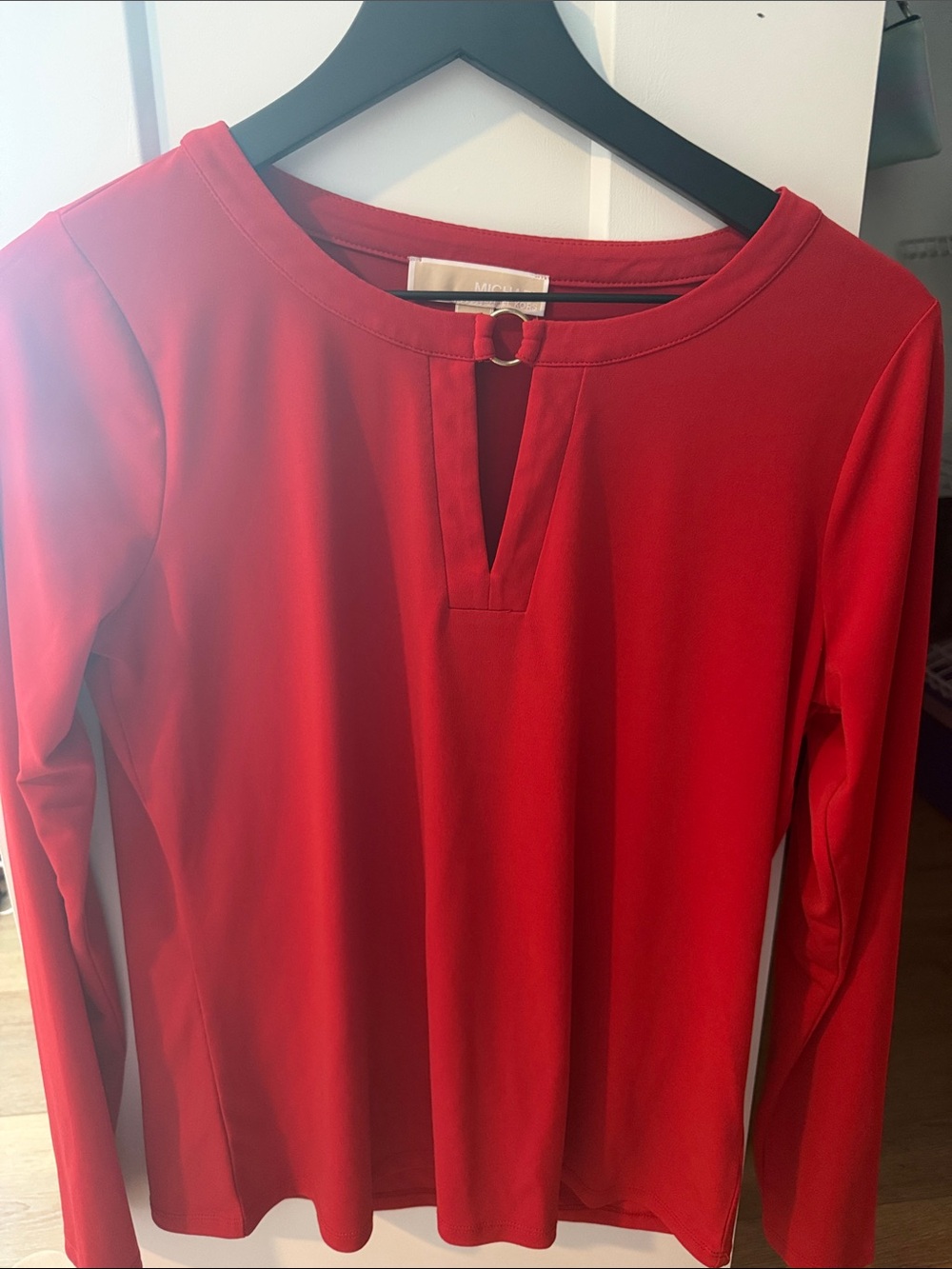 MICHAEL Michael Kors Red Long-Sleeve Keyhole Top with Ring Detail